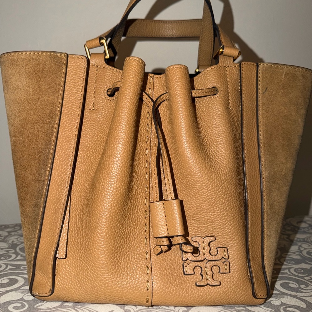 Tory Burch Leather and Suede Bucket Bag Dragonfly
